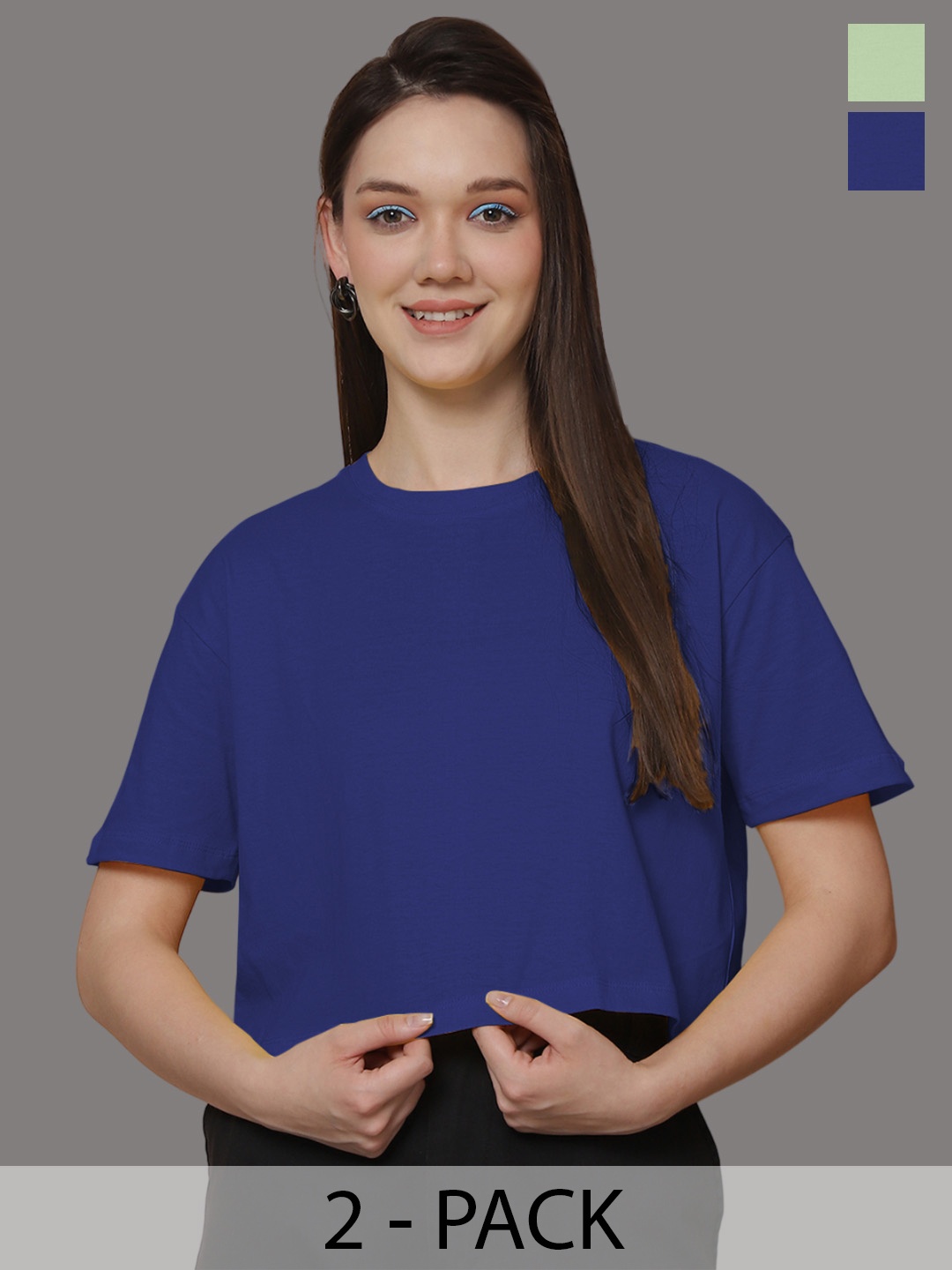Friskers Women Pack Of 2 Solid Round Neck Oversized T-shirt, Blue