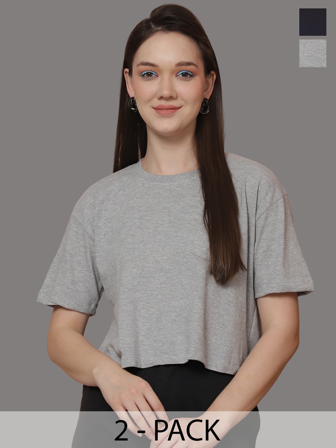 Friskers Women Pack Of 2 Solid Round Neck Oversized T-shirt, Grey