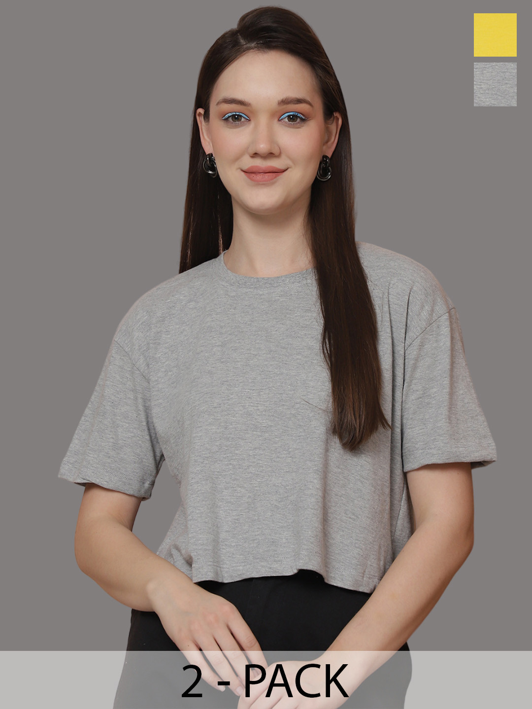 

Friskers Women Pack Of 2 Solid Round Neck Oversized T-shirt, Grey