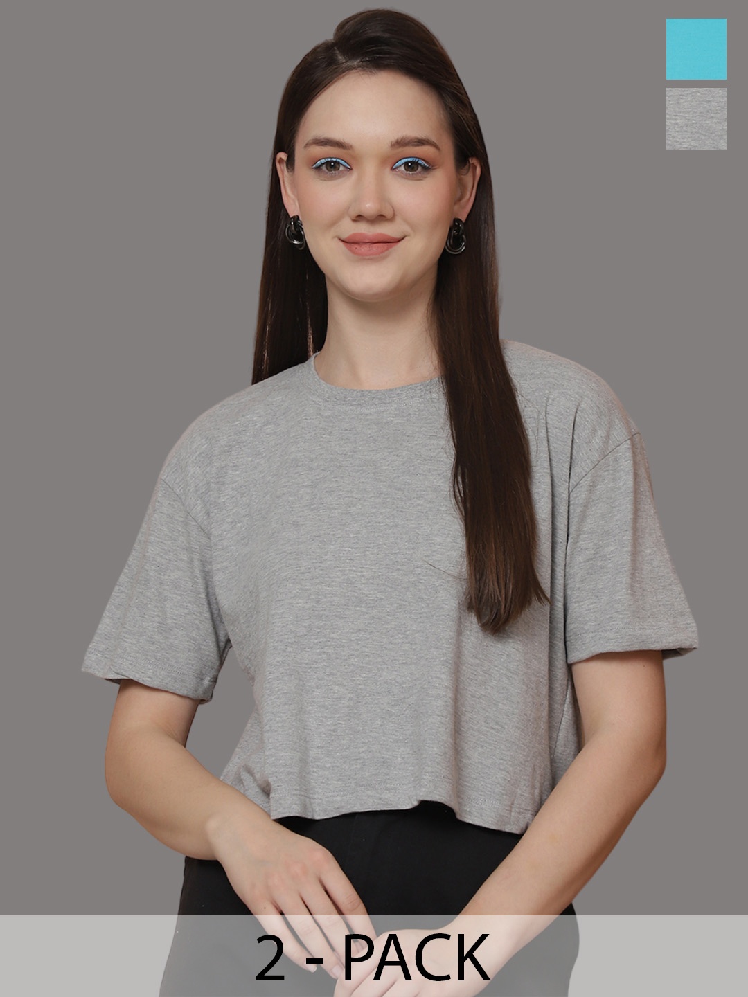 

Friskers Women Pack Of 2 Solid Round Neck Oversized T-shirt, Grey