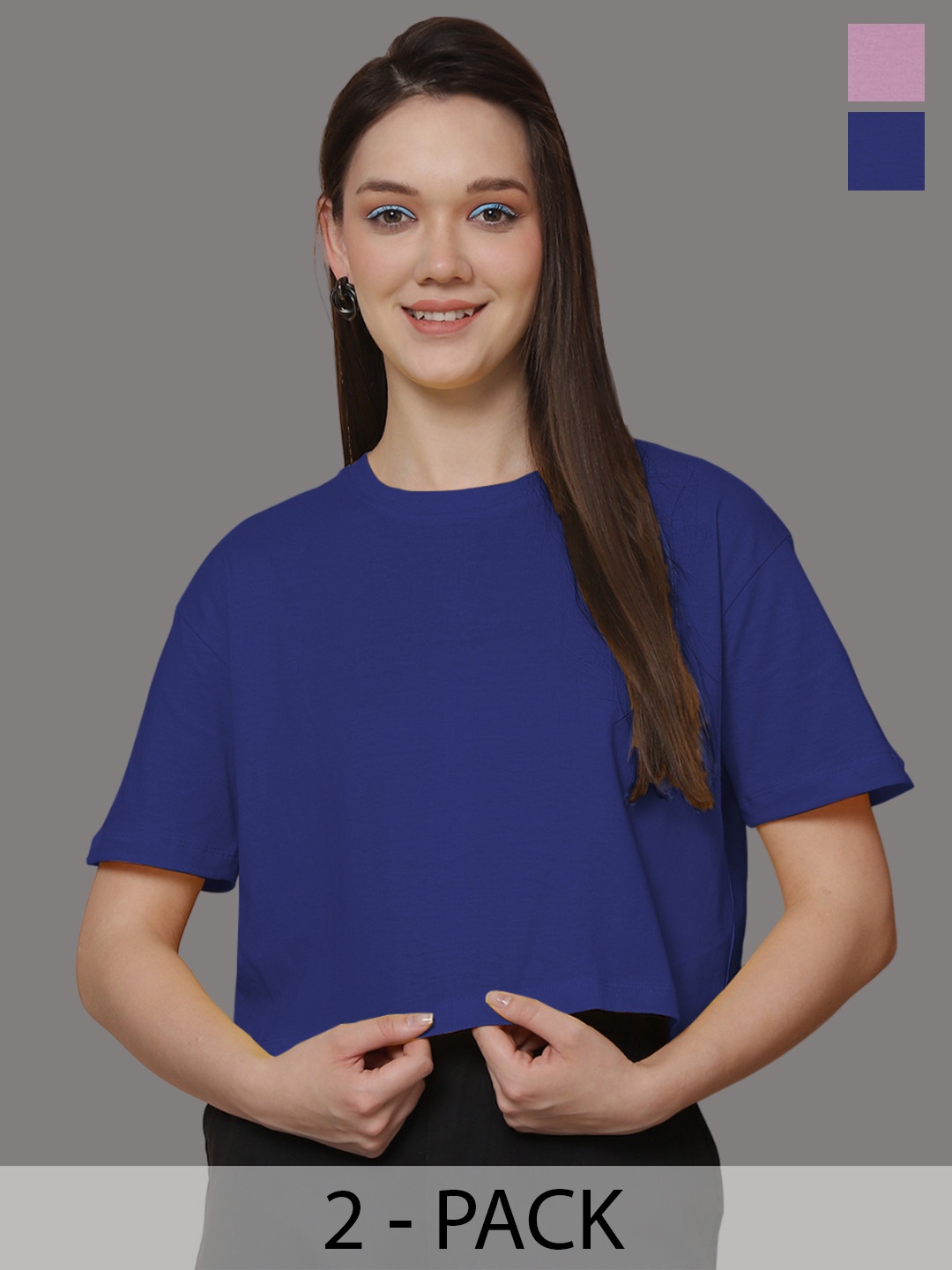 

Friskers Women Pack Of 2 Solid Round Neck Oversized T-shirt, Blue