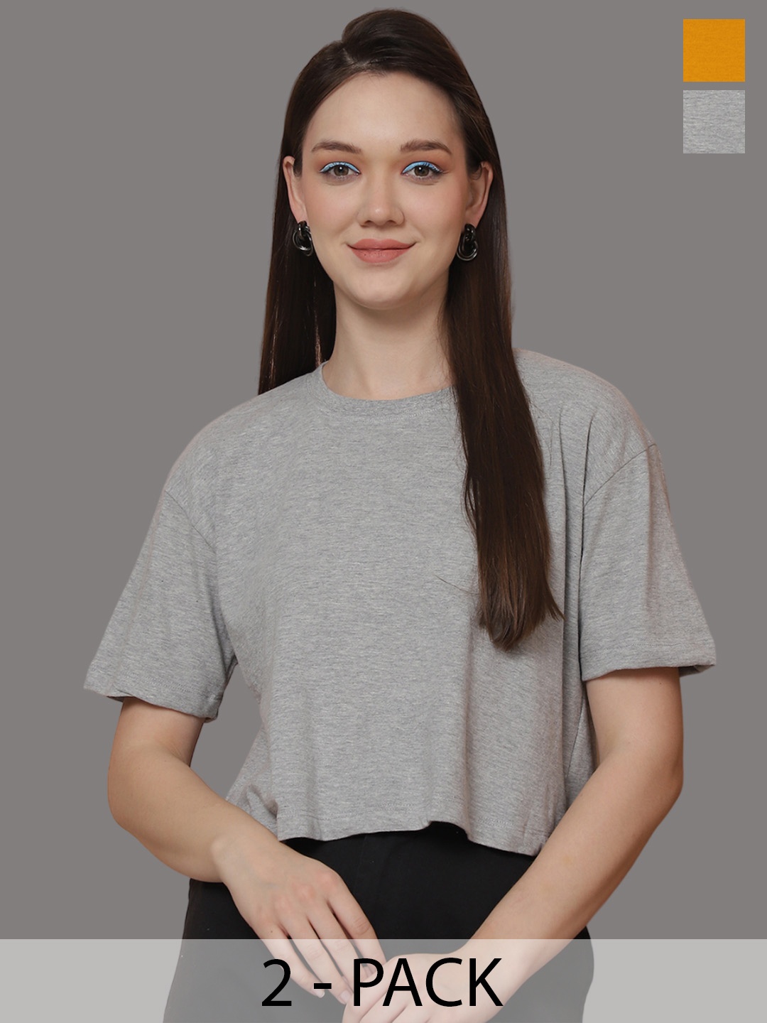

Friskers Women Pack Of 2 Solid Round Neck Oversized T-shirt, Grey