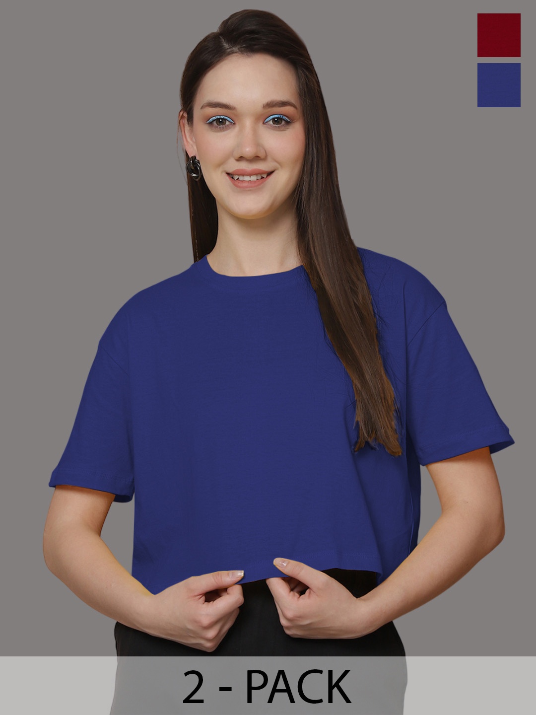 

Friskers Women Pack Of 2 Solid Round Neck Oversized T-shirt, Blue