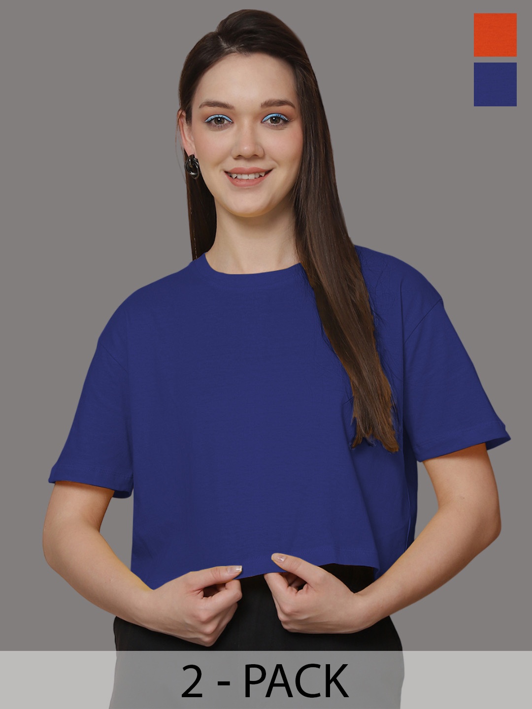 

Friskers Women Pack Of 2 Solid Round Neck Oversized T-shirt, Blue