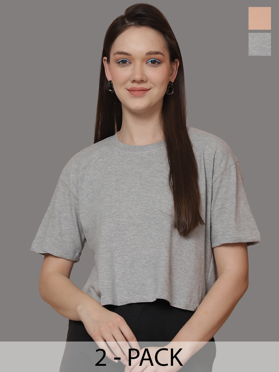 

Friskers Women Pack Of 2 Solid Round Neck Oversized T-shirt, Grey