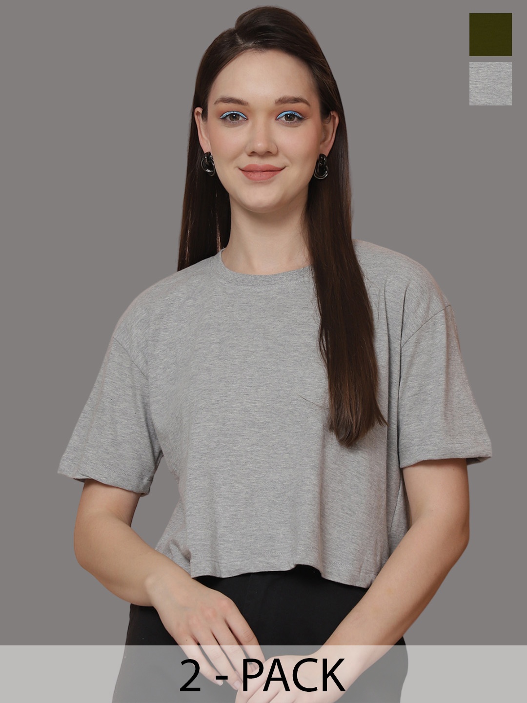 

Friskers Women Pack Of 2 Solid Round Neck Oversized T-shirt, Grey