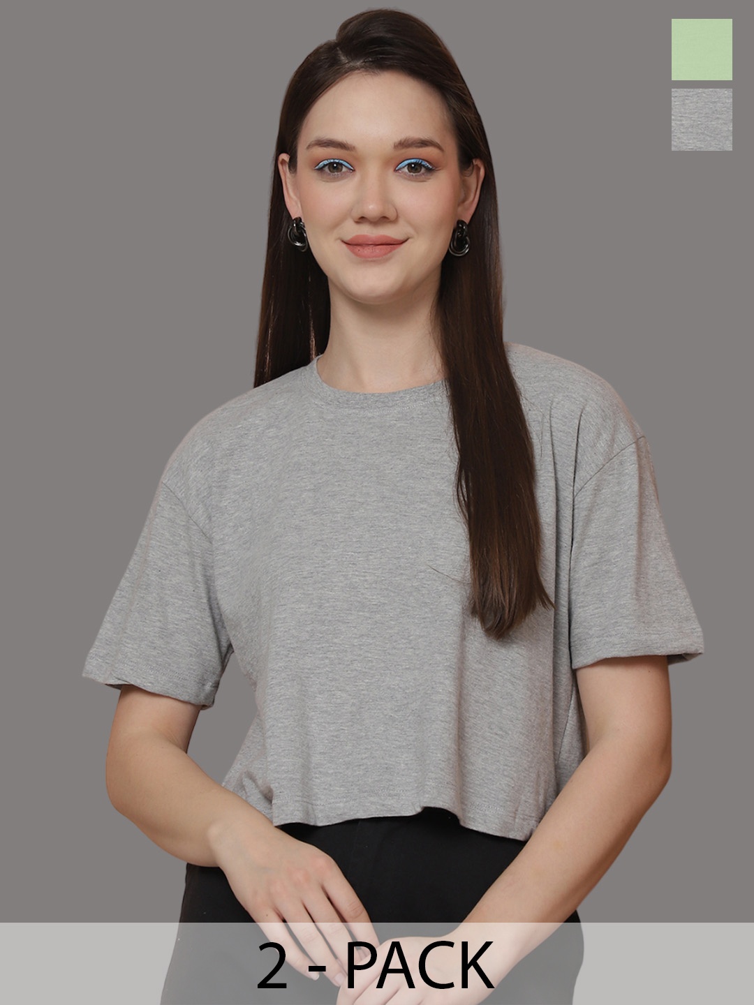 

Friskers Women Pack Of 2 Solid Round Neck Oversized T-shirt, Grey