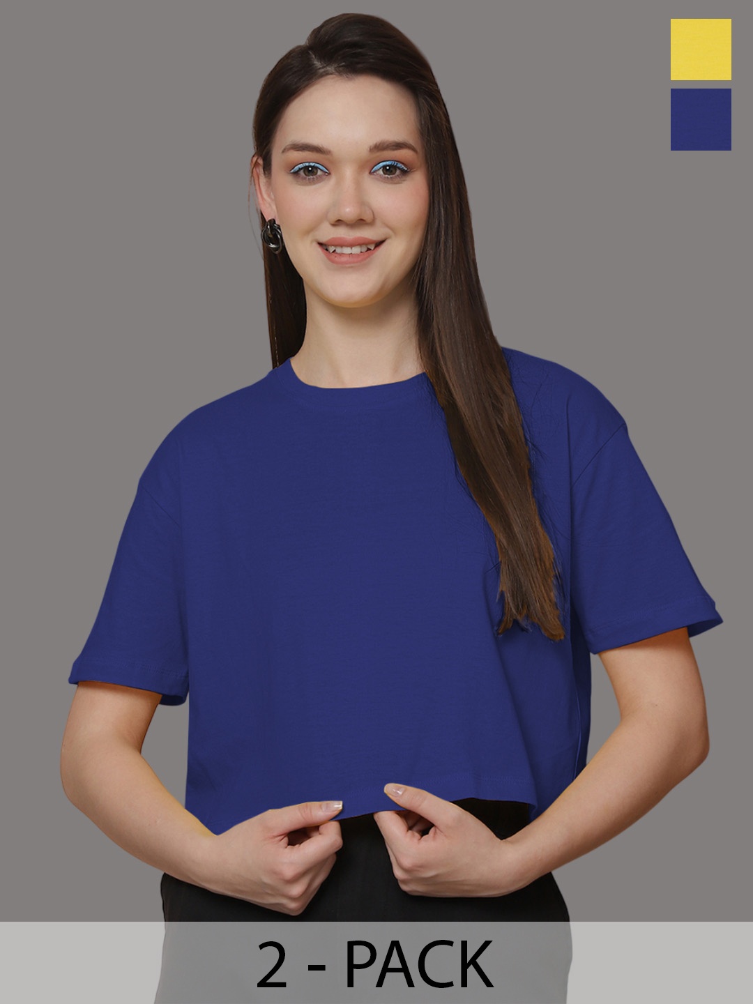 Friskers Women Pack Of 2 Solid Round Neck Oversized T-shirt, Blue