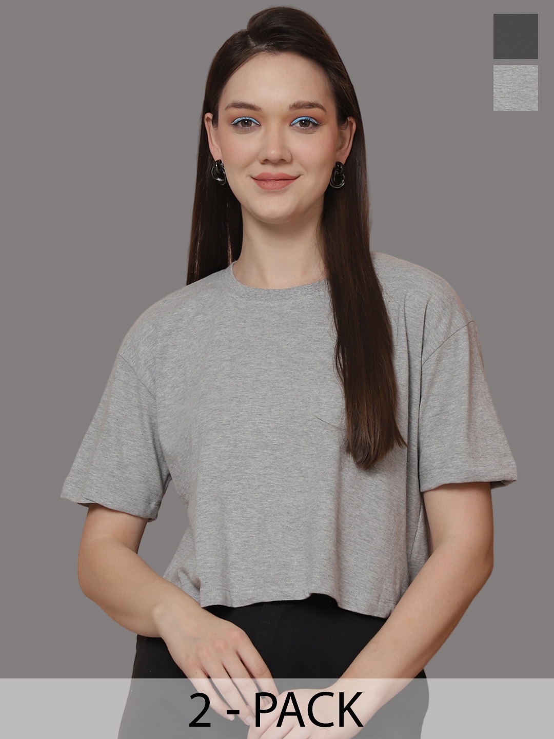 

Friskers Women Pack Of 2 Solid Round Neck Oversized T-shirt, Grey