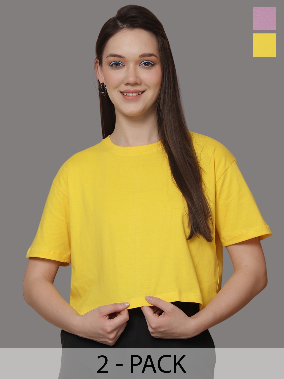 Friskers Women Pack Of 2 Solid Round Neck Oversized T-shirt, Yellow