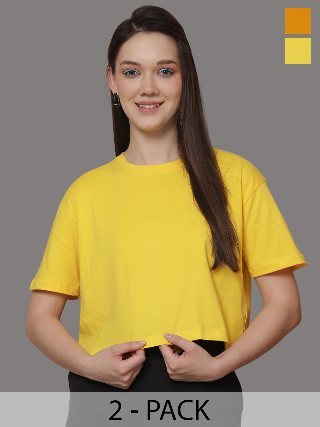 

Friskers Women Pack Of 2 Solid Round Neck Oversized T-shirt, Yellow