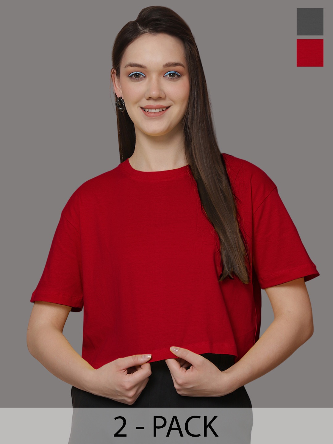 

Friskers Women Pack Of 2 Solid Round Neck Oversized T-shirt, Red