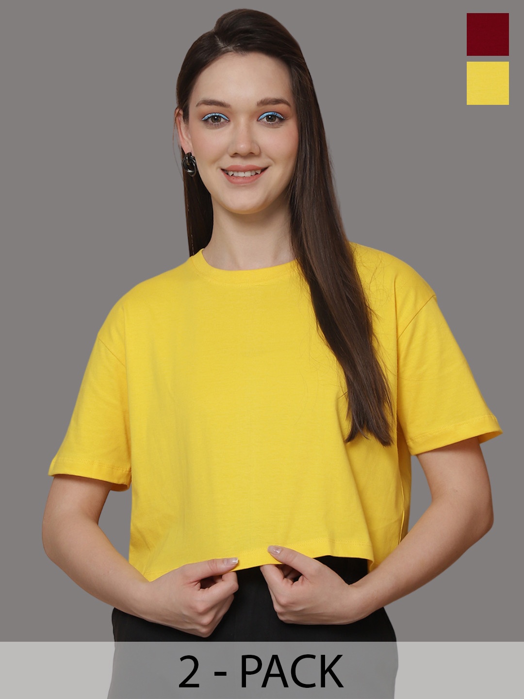 Friskers Women Pack Of 2 Solid Round Neck Oversized T-shirt, Yellow
