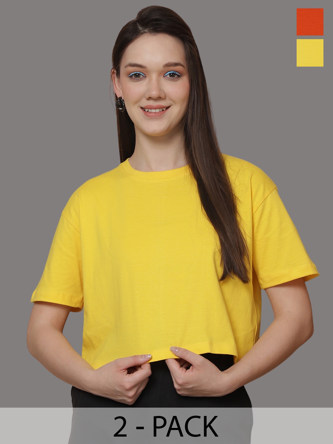 

Friskers Women Pack Of 2 Solid Round Neck Oversized T-shirt, Yellow