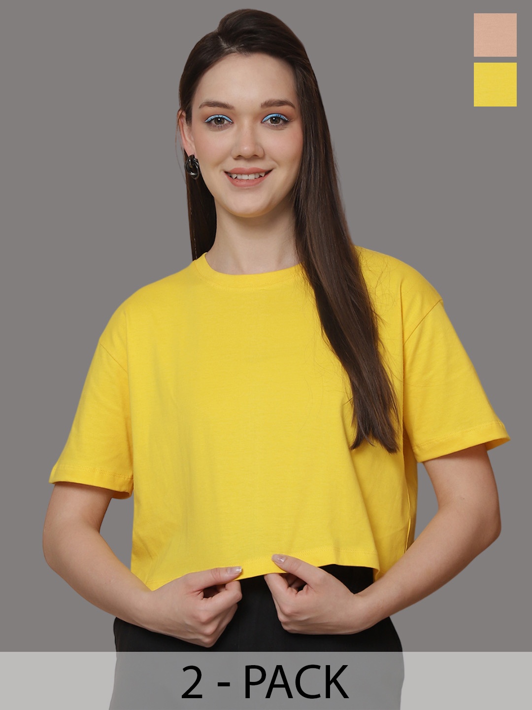Friskers Women Pack Of 2 Solid Round Neck Oversized T-shirt, Yellow