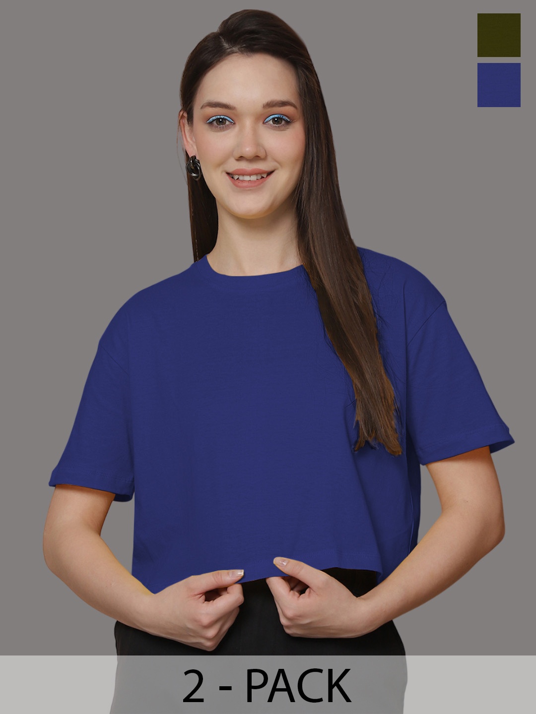 Friskers Women Pack Of 2 Solid Round Neck Oversized T-shirt, Blue