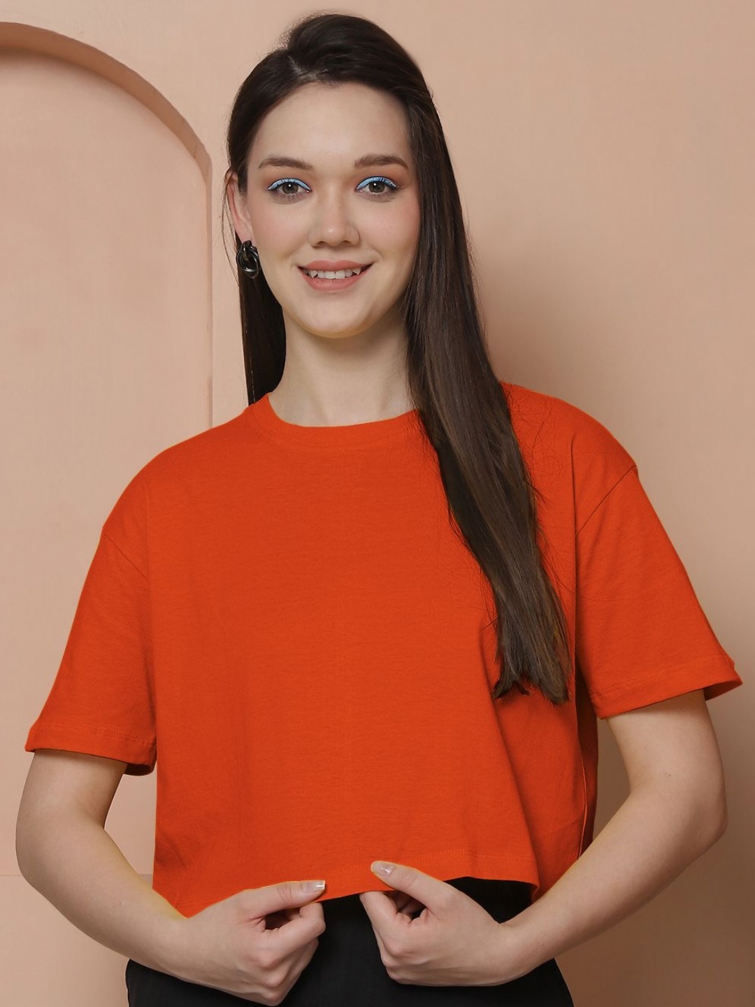 

Friskers Women Pack Of 2 Solid Round Neck Oversized T-shirt, Orange