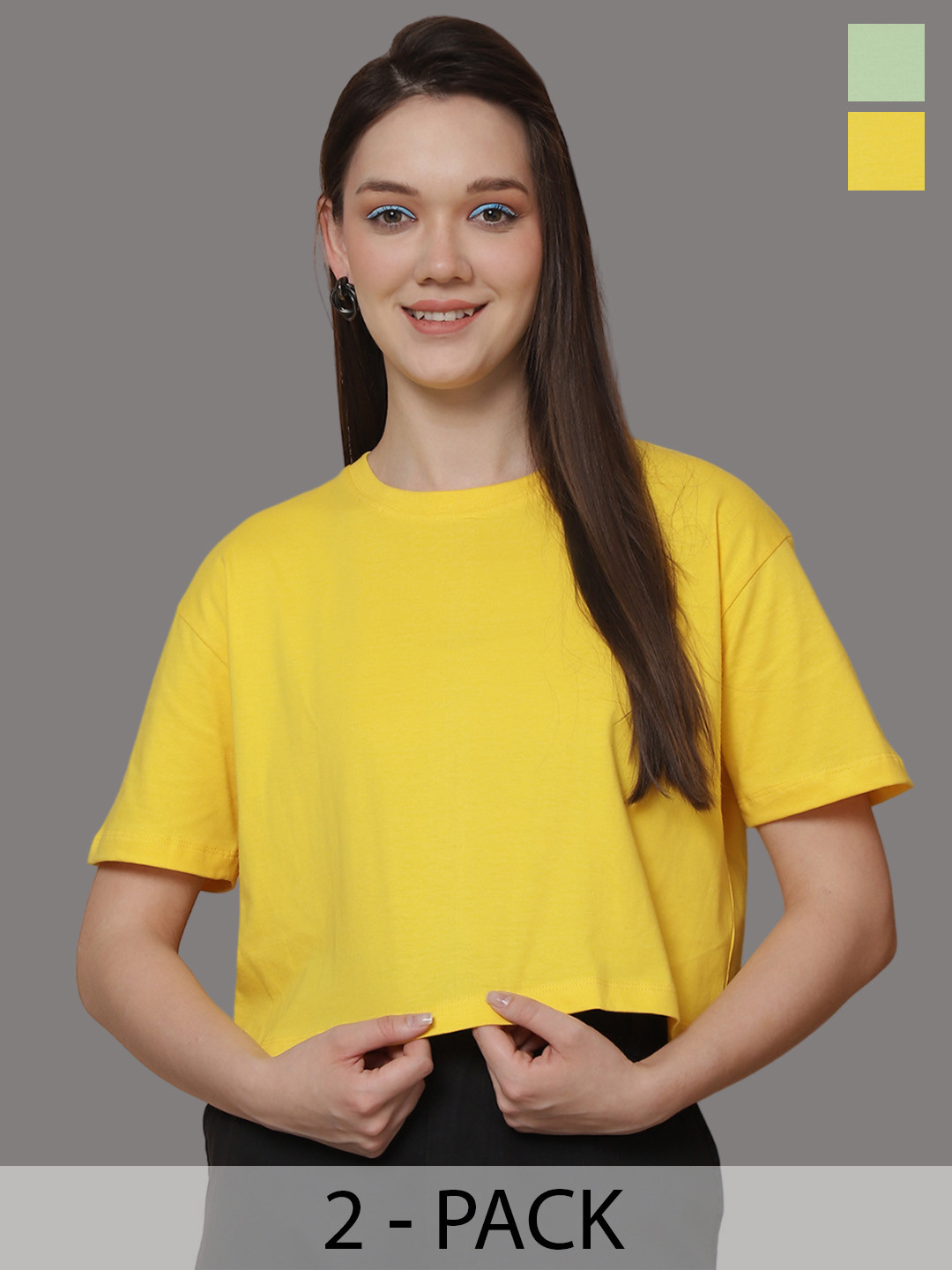 

Friskers Women Pack Of 2 Solid Round Neck Oversized T-shirt, Yellow