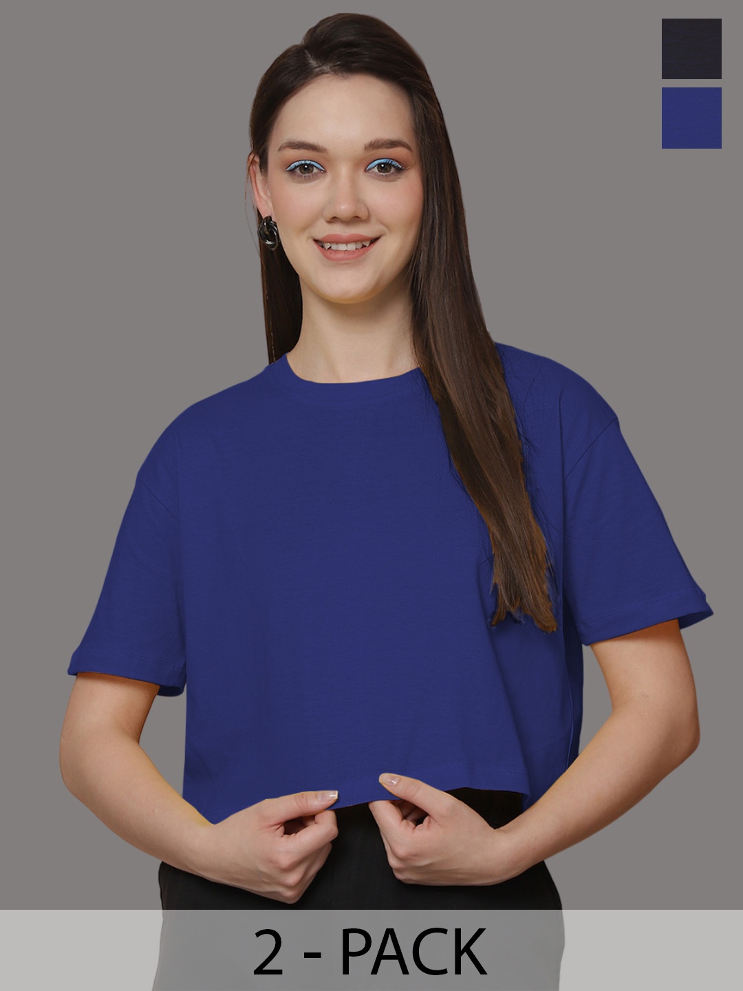 

Friskers Women Pack Of 2 Solid Round Neck Oversized T-shirt, Blue