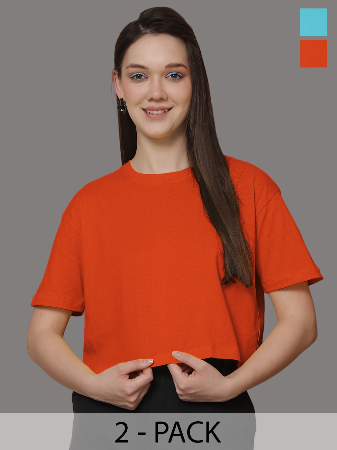 

Friskers Women Pack Of 2 Solid Round Neck Oversized T-shirt, Orange