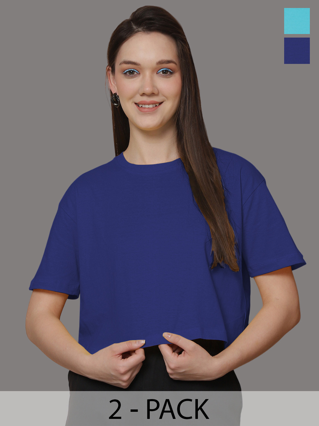

Friskers Women Pack Of 2 Solid Round Neck Oversized T-shirt, Blue