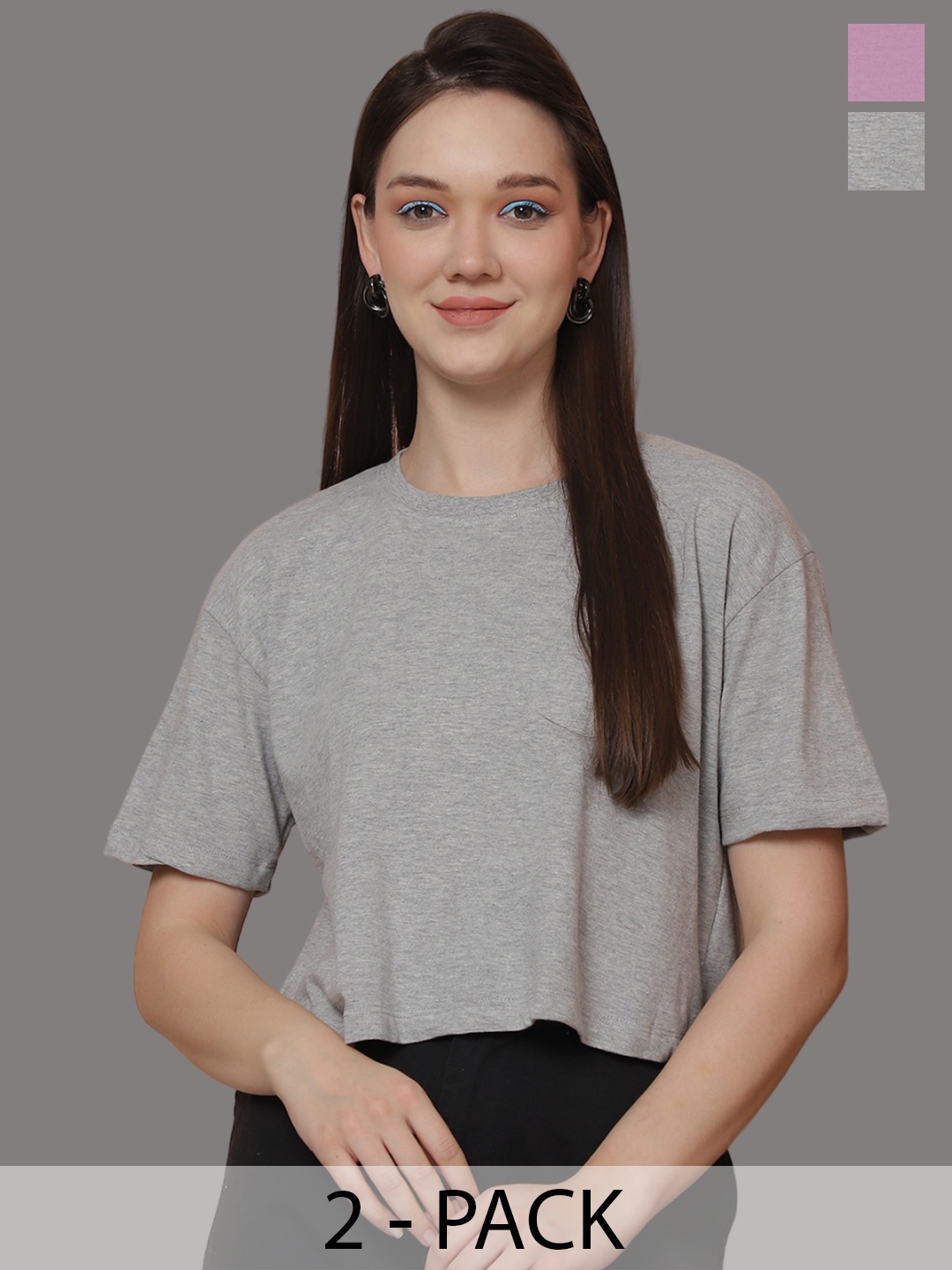 Friskers Women Pack Of 2 Solid Round Neck Oversized T-shirt, Grey
