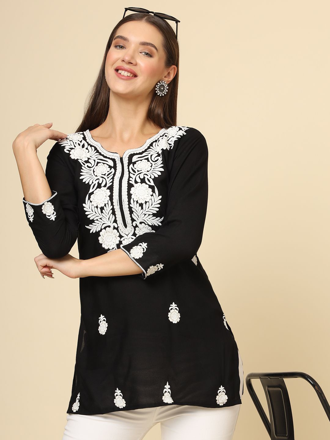 Civamee Floral Embroidered Thread Work Thread Work Kurti, Black