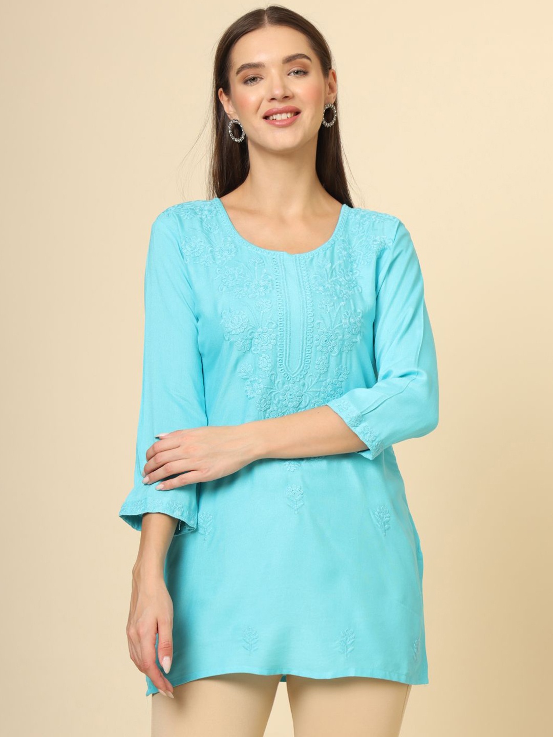 

Civamee Floral Embroidered Thread Work Thread Work Kurti, Turquoise blue