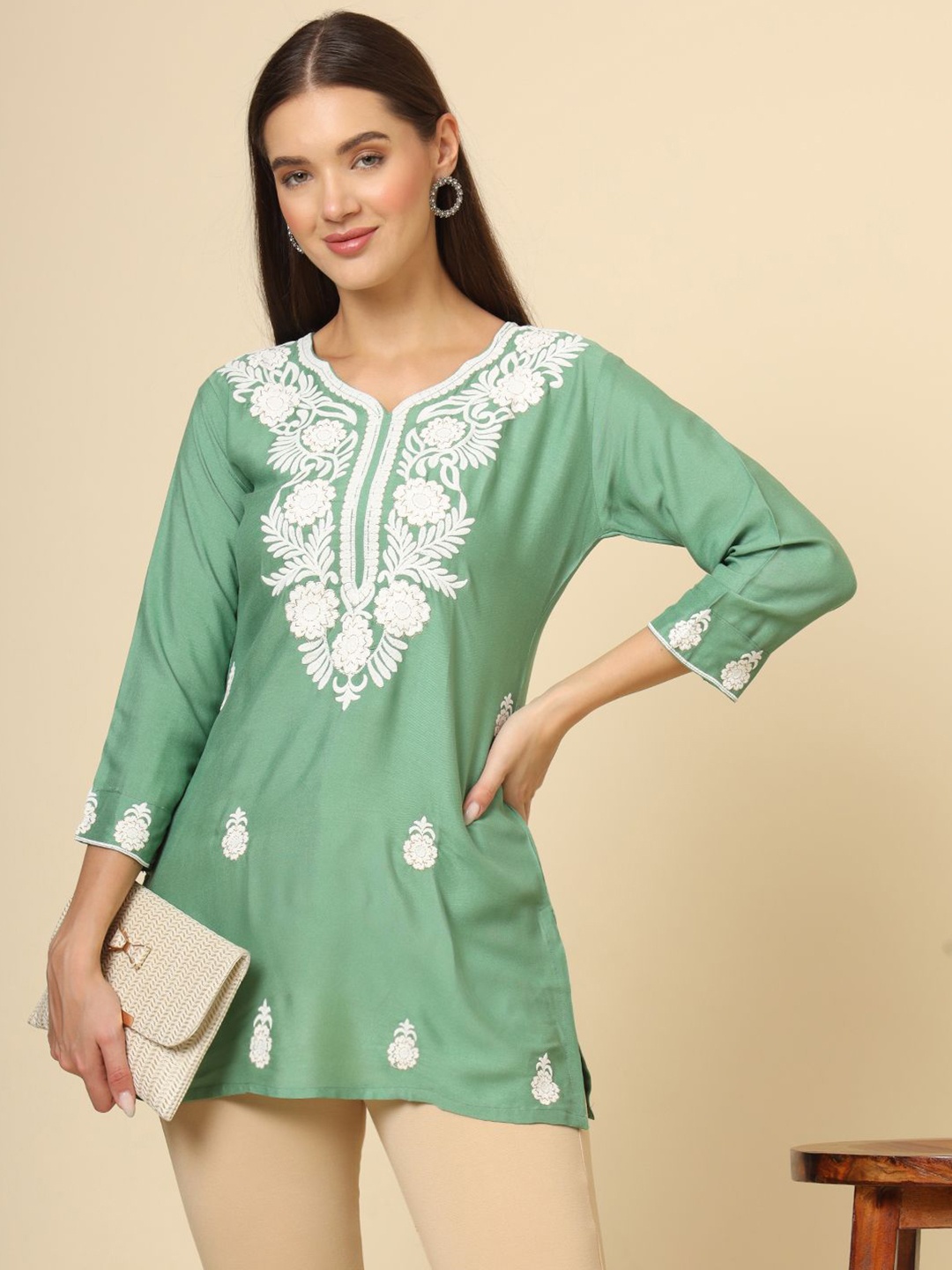 Civamee Floral Embroidered V-Neck Thread Work Thread Work Kurti, Green