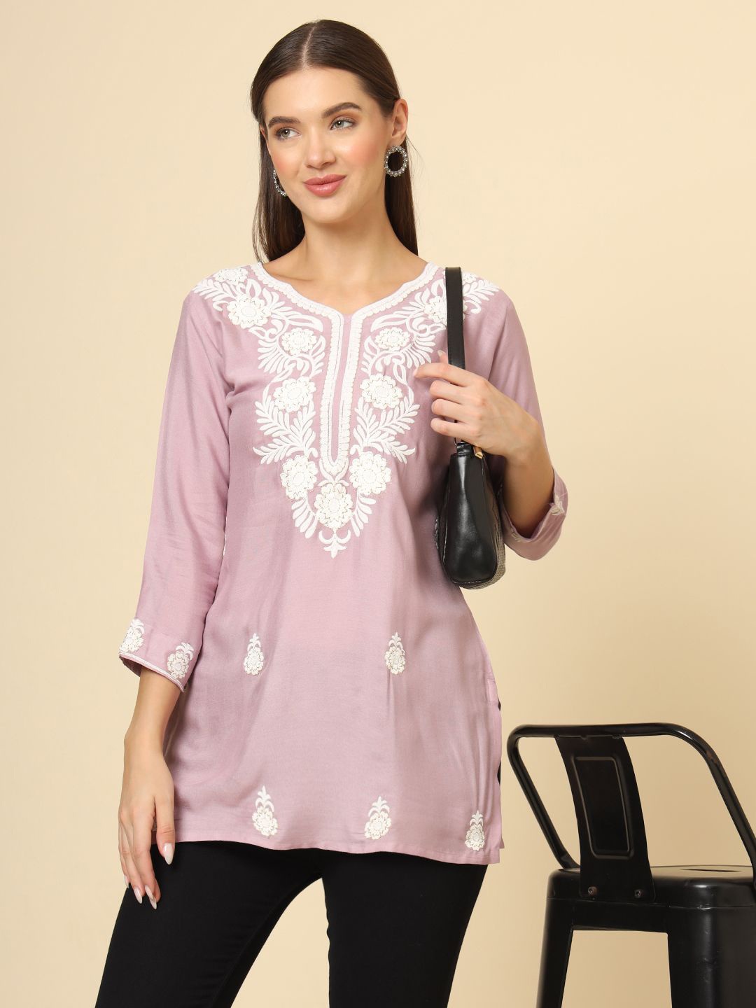 Civamee Floral Embroidered Thread Work Thread Work Kurti, Pink