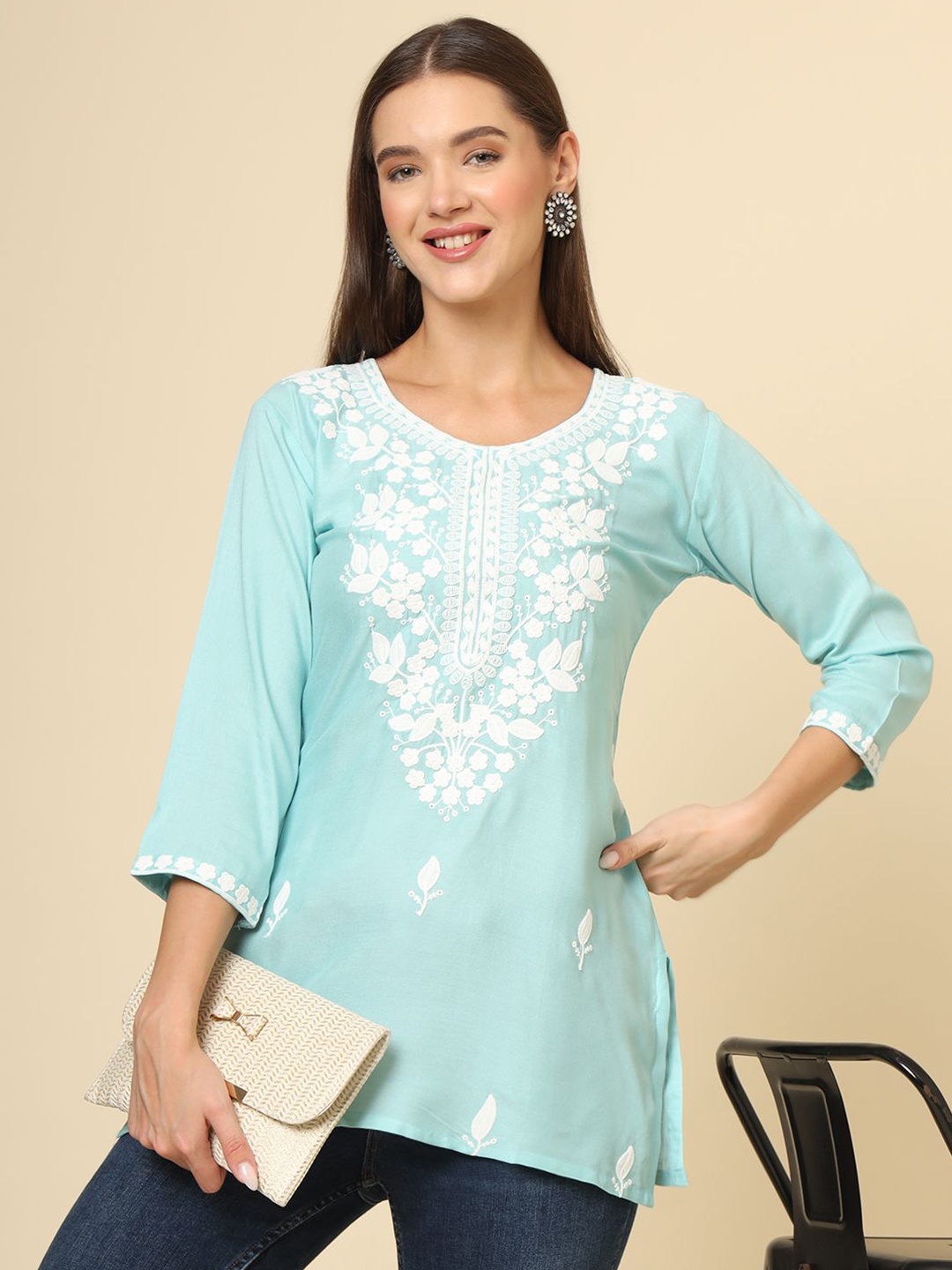 

Civamee Floral Embroidered Thread Work Thread Work Kurti, Turquoise blue