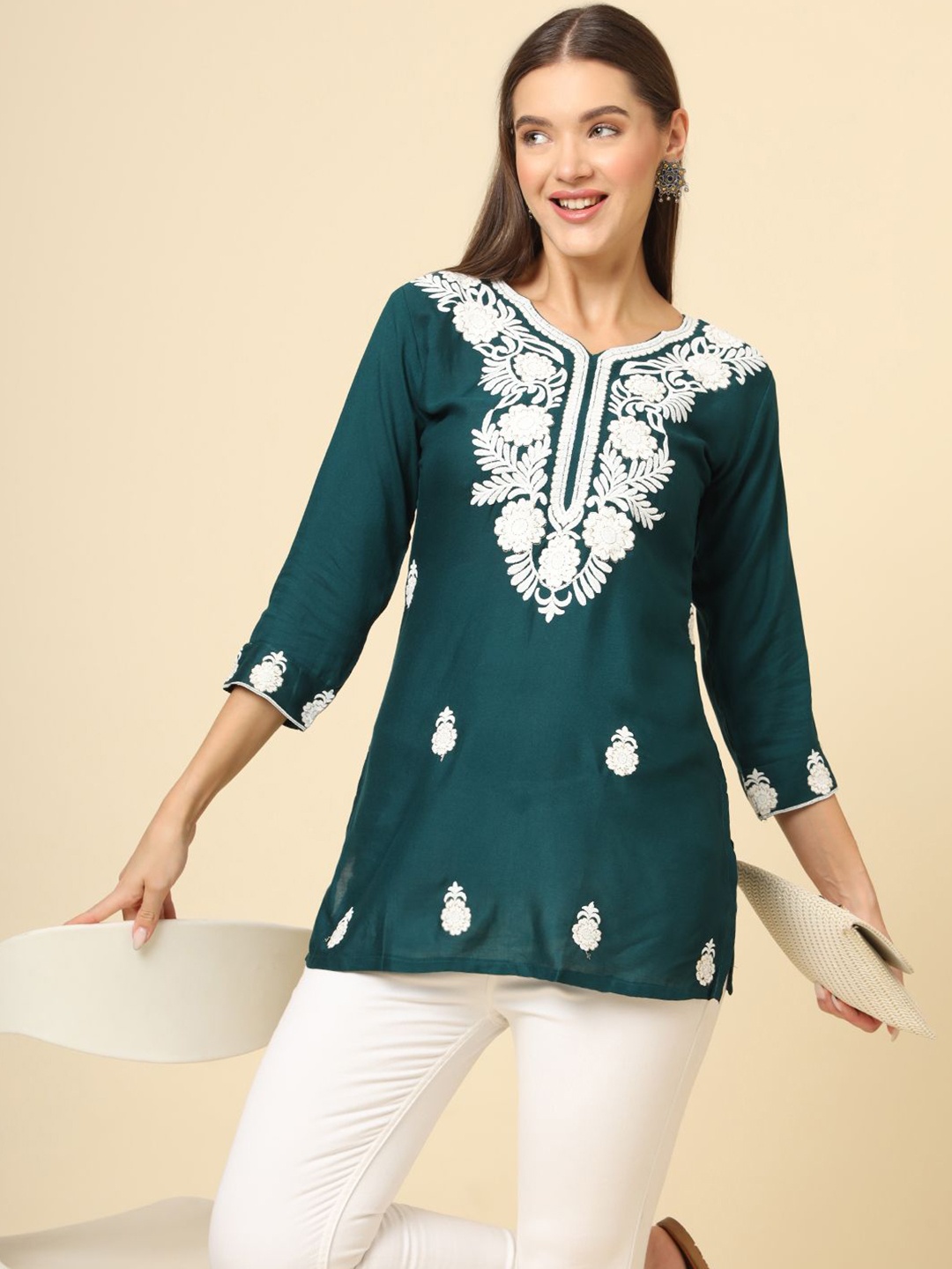 

Civamee Floral Embroidered Thread Work Thread Work Kurti, Green
