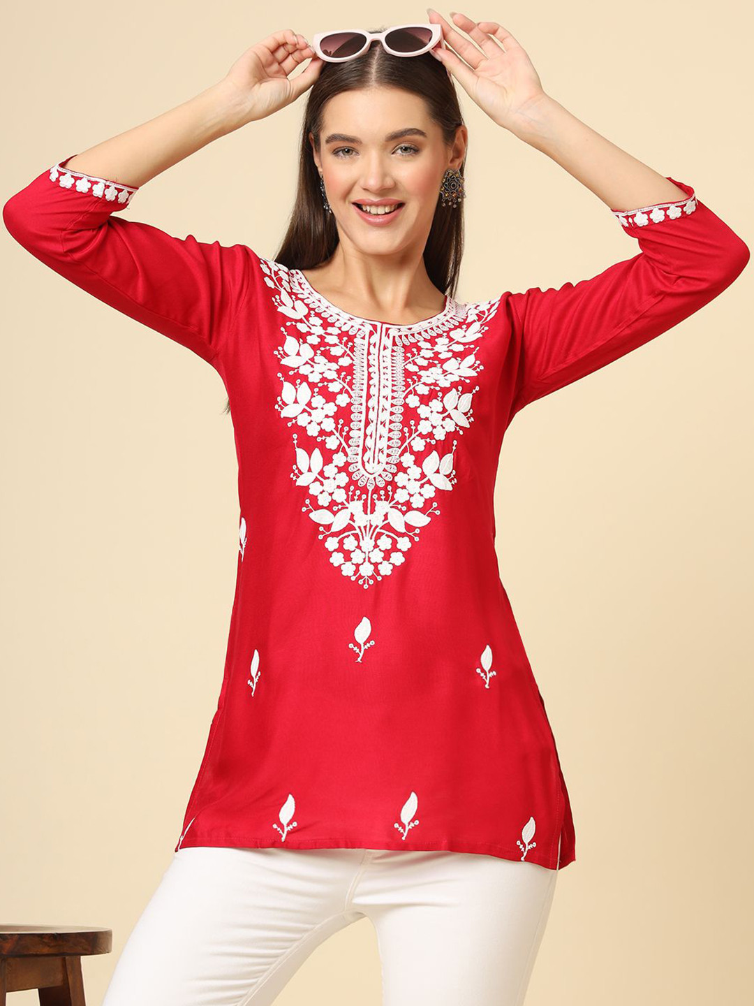 

Civamee Floral Embroidered Thread Work Thread Work Kurti, Red