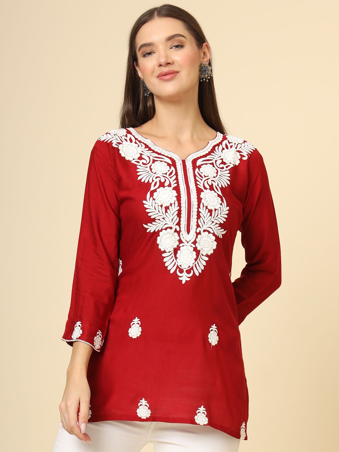 

Civamee Floral Embroidered Thread Work Thread Work Kurti, Red