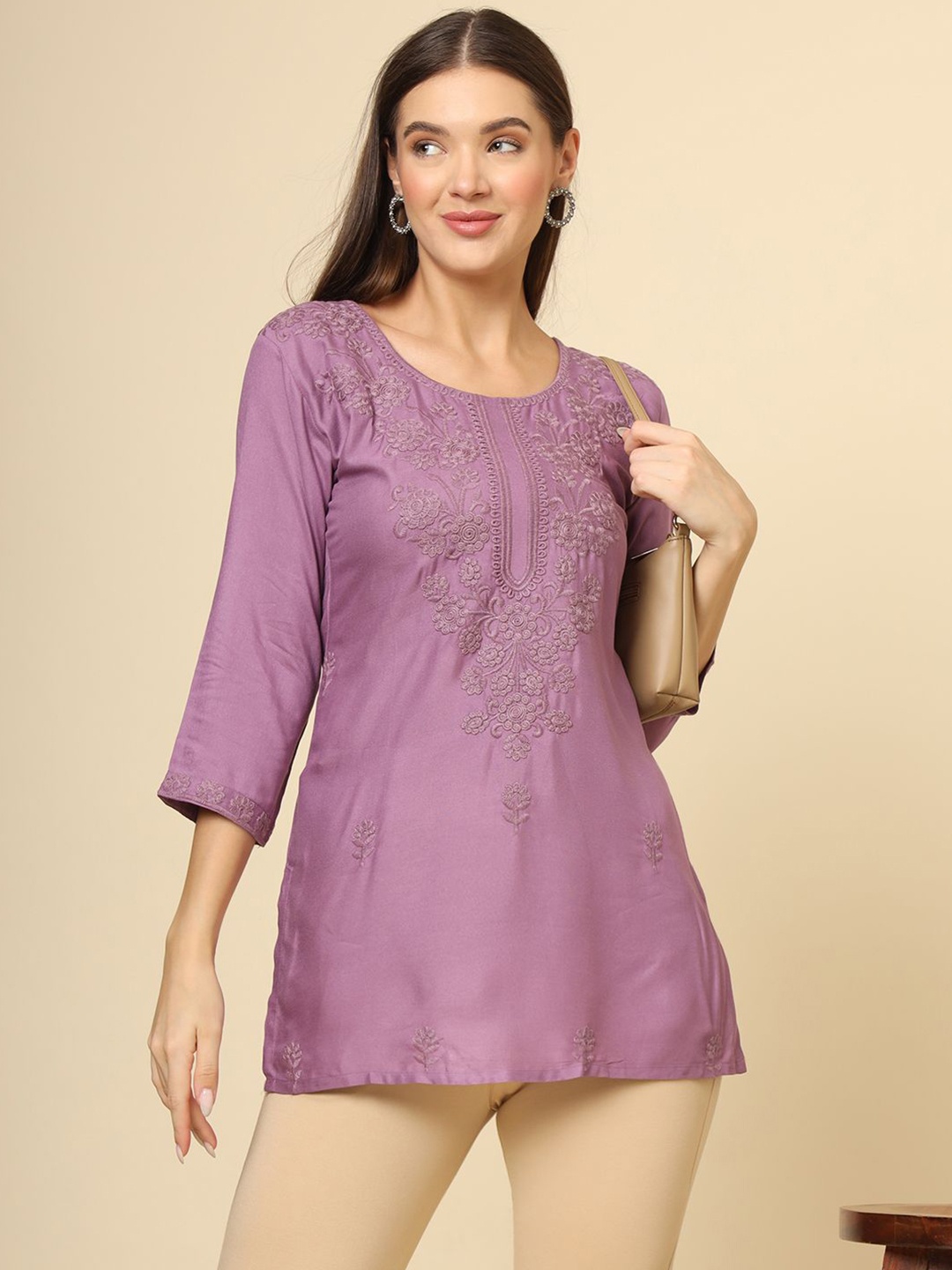 Civamee Floral Embroidered Thread Work Thread Work Kurti, Lavender