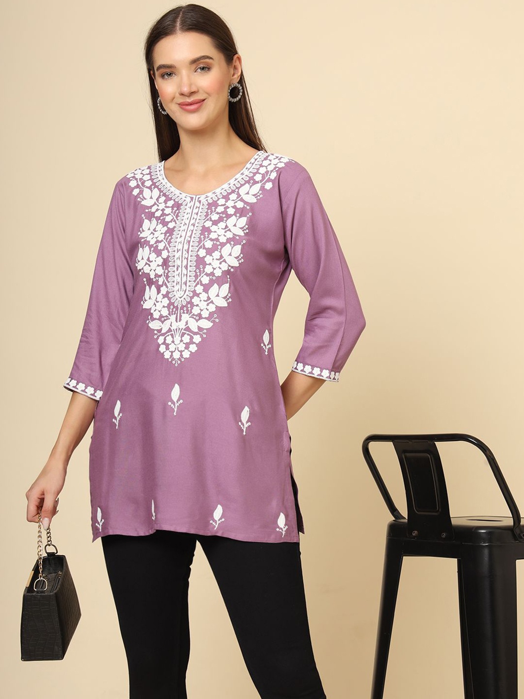 Civamee Floral Embroidered Thread Work Thread Work Kurti, Lavender