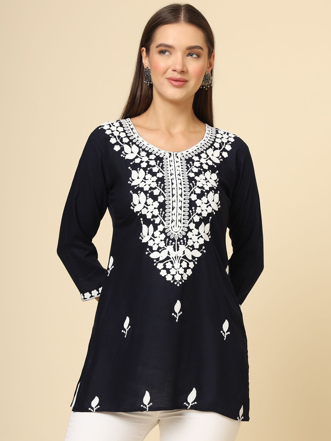 Civamee Floral Embroidered Thread Work Thread Work Kurti, Black