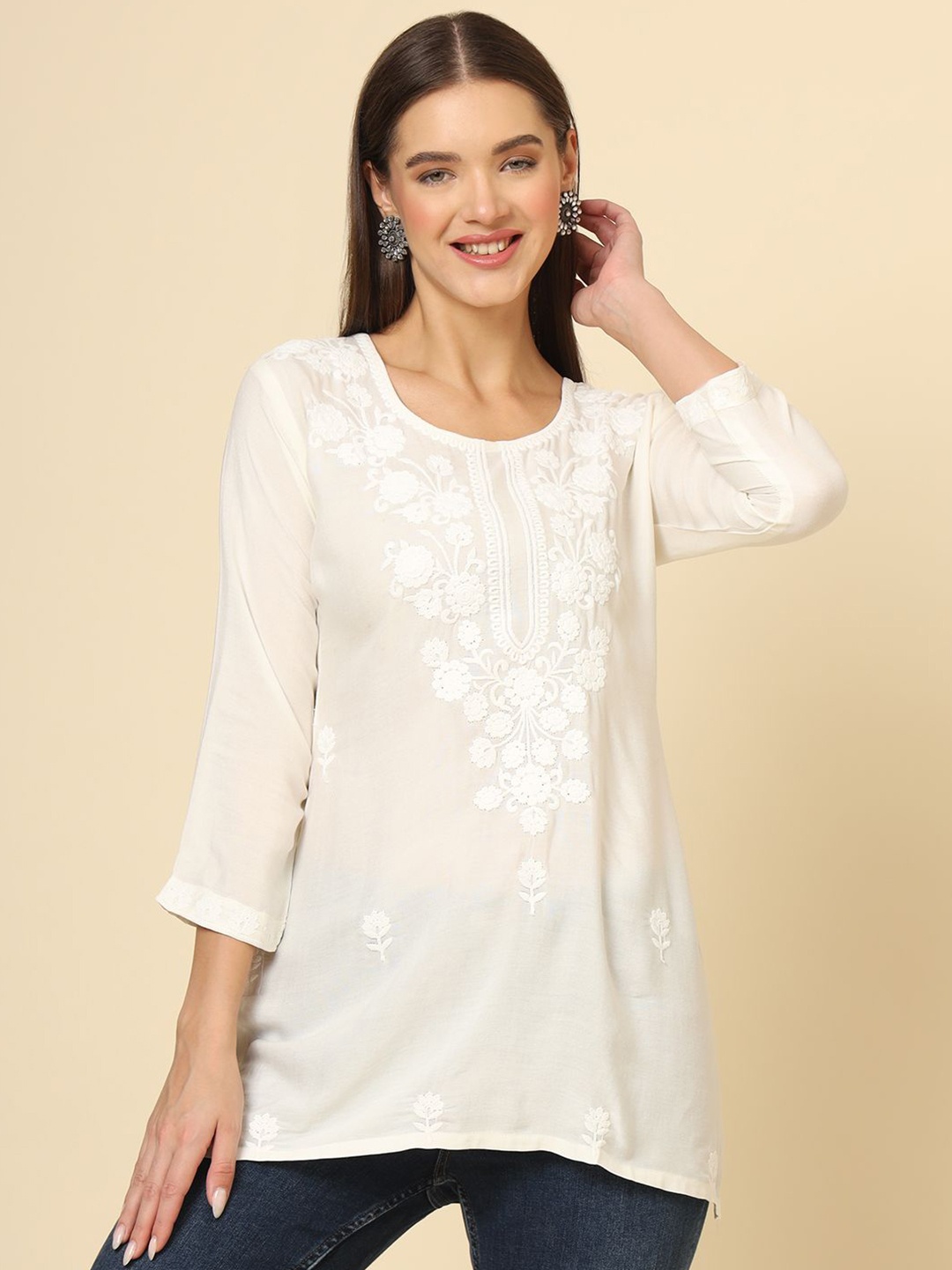 

Civamee Floral Embroidered Thread Work Kurti, White