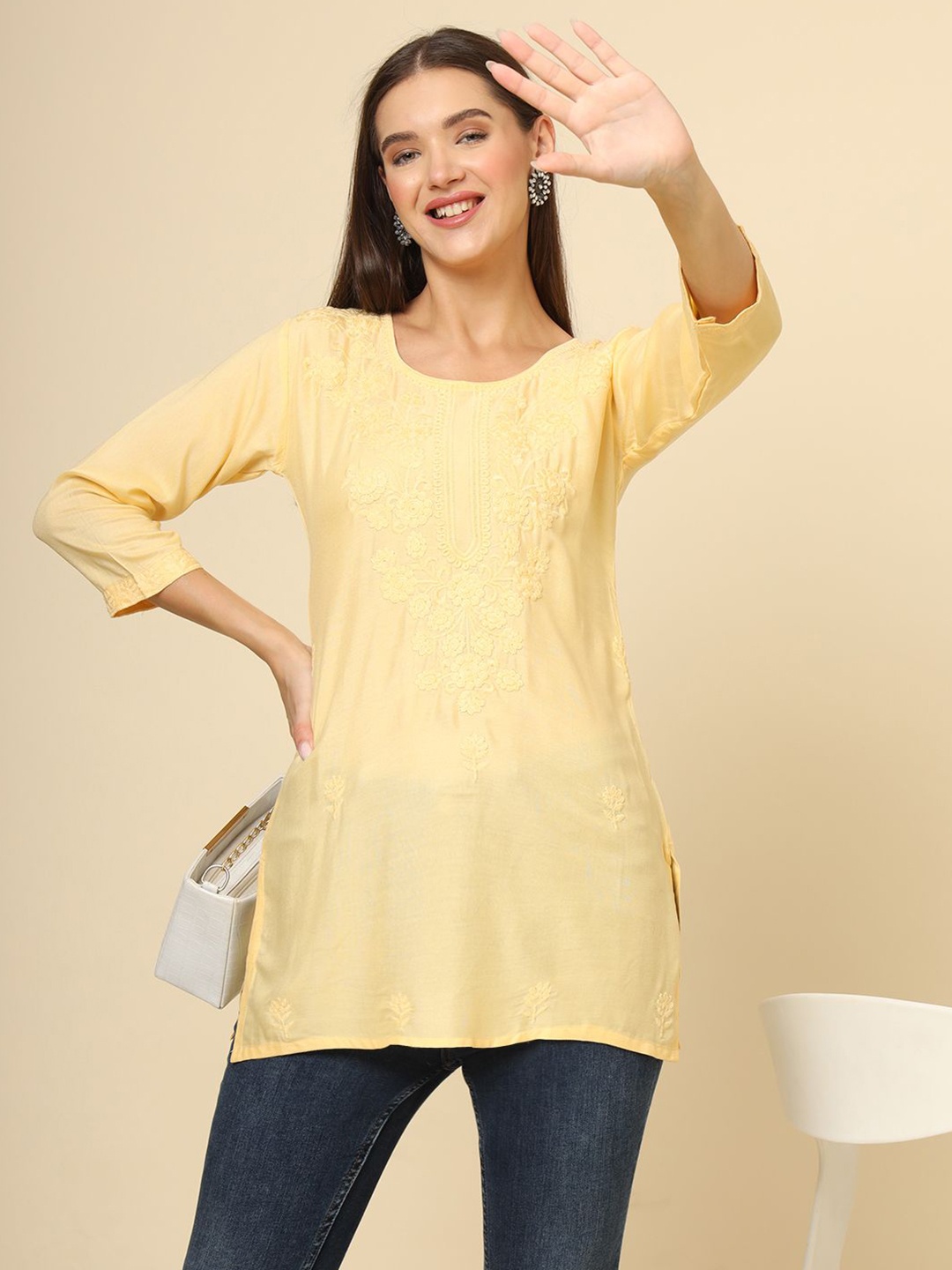 Civamee Floral Embroidered Thread Work Thread Work Kurti, Yellow