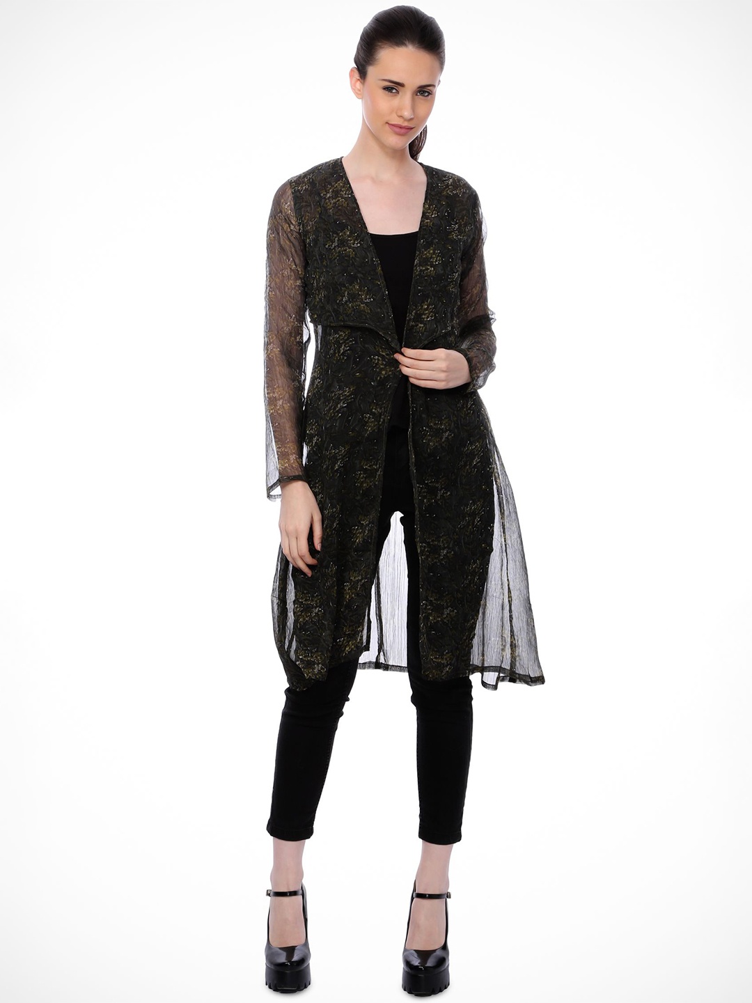 

BAESD Floral Printed Open Front Longline Shrug, Black