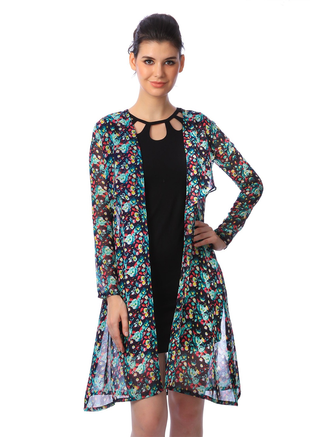 

BAESD Floral Printed Open Front Longline Shrug, Green