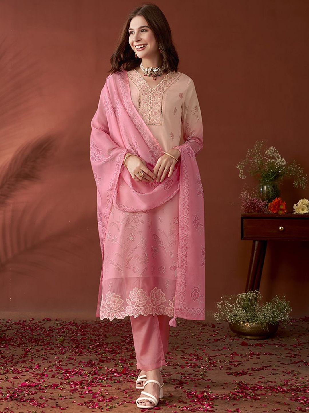 

Anouk Pink Ethnic Motifs Printed Straight Sequinned Organza Kurta with Trousers & Dupatta