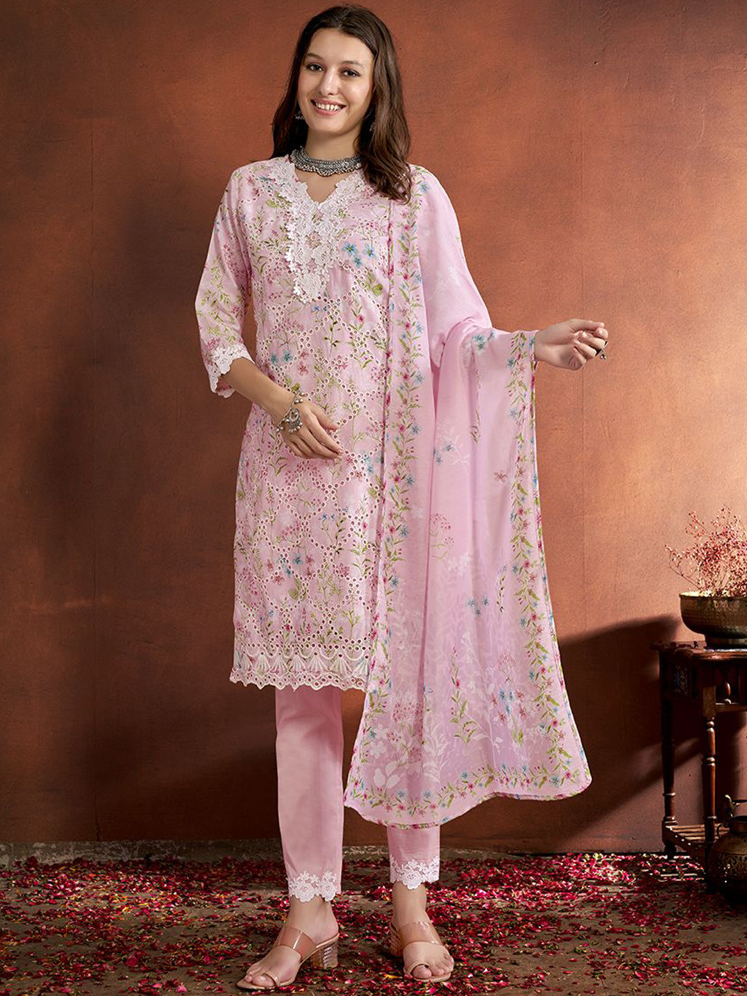 

Anouk Pink Floral Embroidered Straight Schiffli Thread Work Kurta with Trousers & Dupatta
