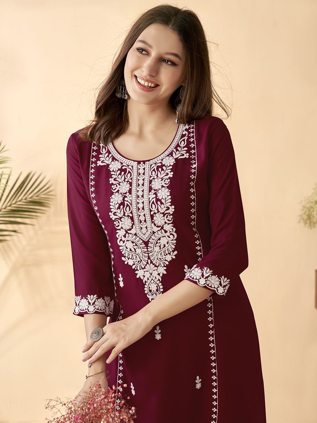 

Anouk Maroon Ethnic Motifs Embroidered Round Neck Thread Work Straight Kurta