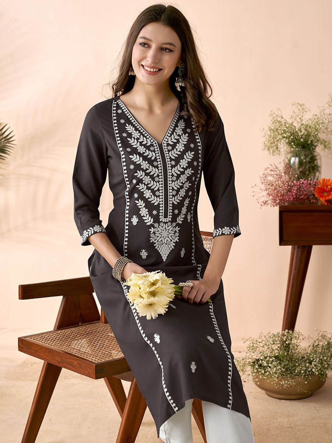 

Anouk Floral Embroidered V-Neck Thread Work Straight Kurta, Brown