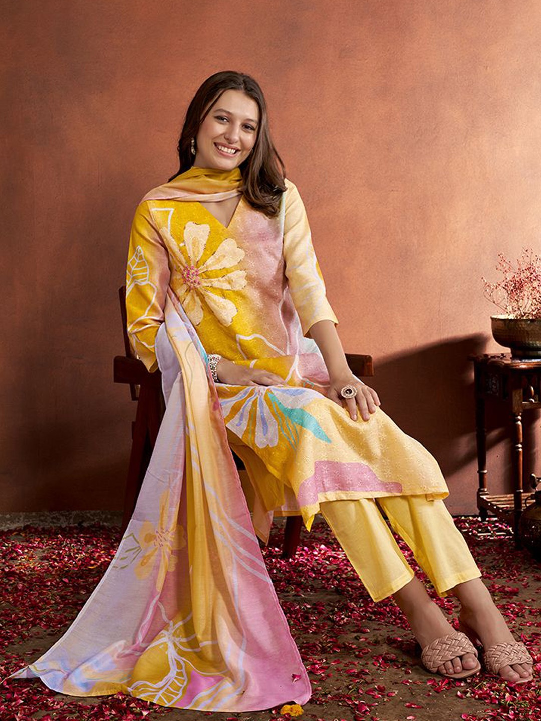 

Anouk Yellow Ethnic Motifs Embroidered Beads & Stones Linen Kurta with Trousers & Dupatta