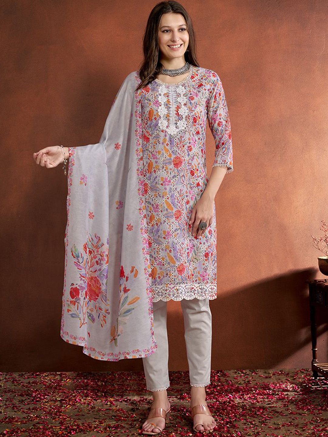 

Anouk Grey Floral Printed Straight Thread Work Kurta with Trousers & Dupatta