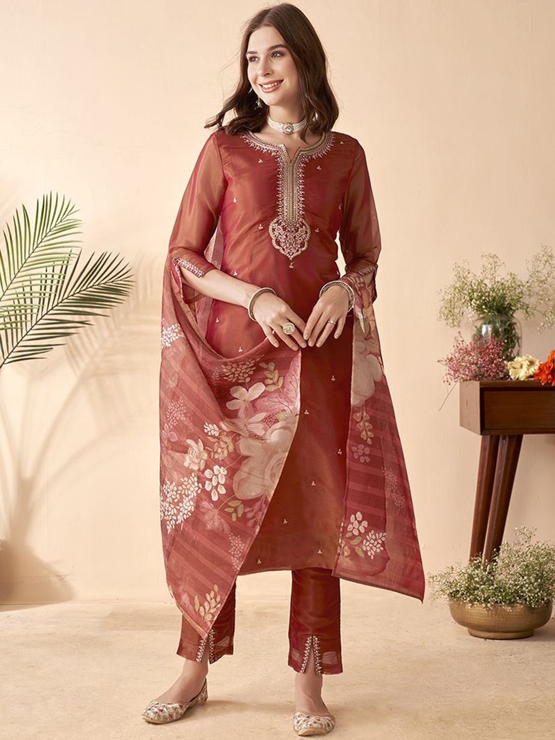 

Anouk Maroon Ethnic Motifs Embroidered Sequined Straight Kurta with Trousers & Dupatta