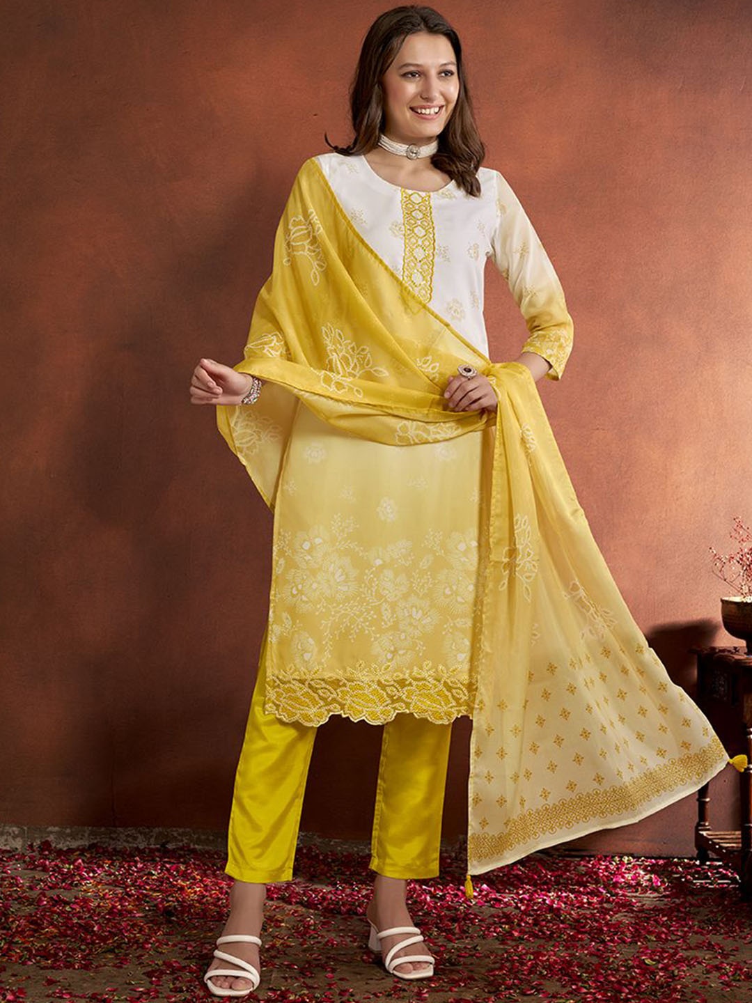 

Anouk Yellow Floral Printed Straight Sequined Kurta with Trousers & Dupatta