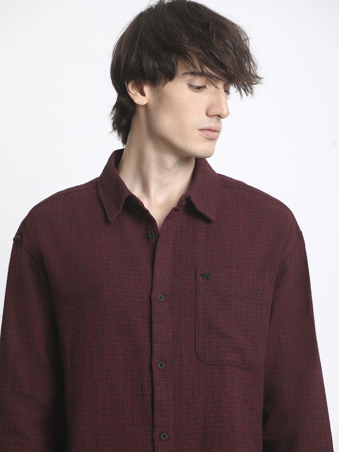 

THE BEAR HOUSE Men Cotton Micro Checks Opaque Oversized Casual Shirt, Maroon